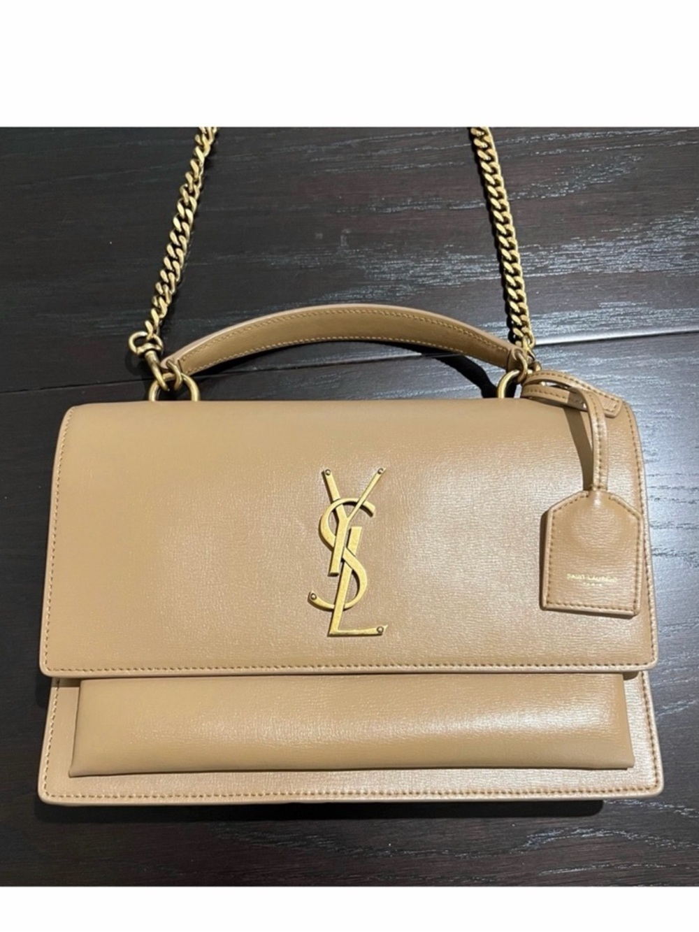 YSL Sunset Top Handle Medium Smooth Leather Shoulder Bag in Dark Beige